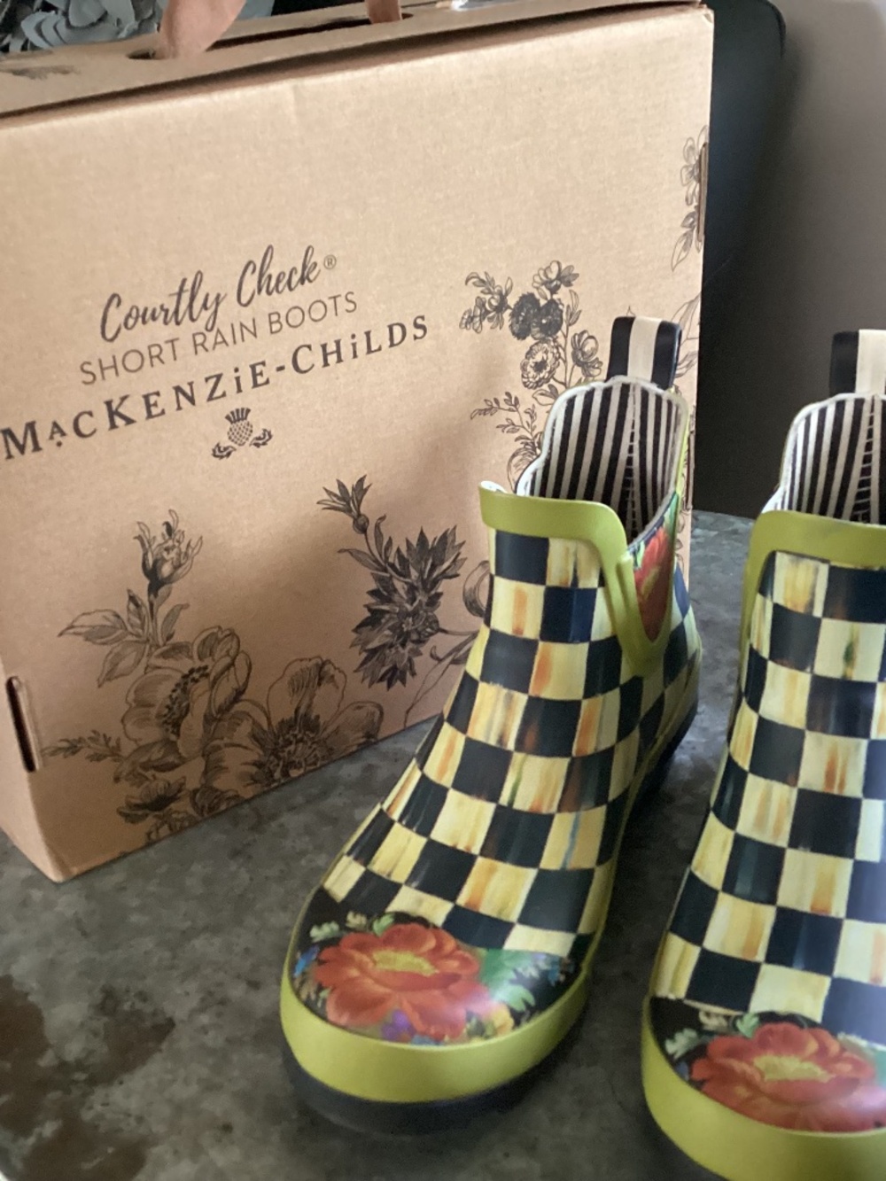 MacKENZIE CHILDS COURTLY CHECK PREMIUM RUBBER CHELSEA ANKLE RAIN BOOTS SZ 8NWOB